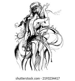 Dibujo gráfico en blanco y negro de personas bailando o abrazando. Ilustración abstracta. Psicodelia o trama psicológica. Amor y emociones.