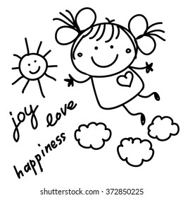 Graphic black and white drawing of a happy little girl. Cute joyful draw for your text. 