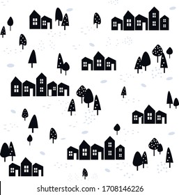 
graphic black and white drawing of houses in the Scandinavian style