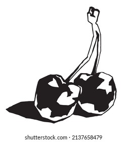 Dibujo gráfico en blanco y negro de dos cerezas aisladas en un fondo blanco. Imagen rastreada para diseño, etc.