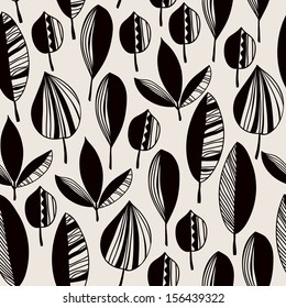 Graphic black and white endless texture with ornamental leaves. Seamless ethnic pattern, template for design fabric, covers, backgrounds, package