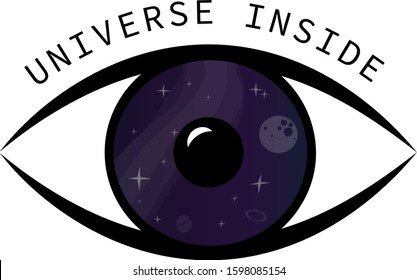 Graphic black and white eye with space inside. The inscription "Universe inside." For logo, app