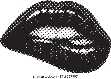 Grafische schwarz-weiße Halbton-Nahaufnahme-Illustration, die leicht geteilte menschliche Lippen zeigt weiße Zähne in einem offenen Mund-Stil, der auf Sprache oder Ausdruck in Vintage-Print-Ästhetik hindeutet