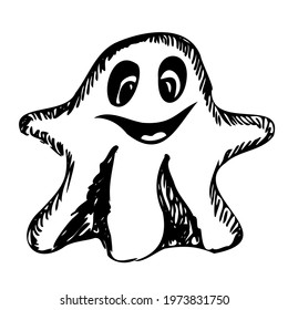 Graphic black and white  Halloween Ghost Cartoon Design Vector Clipart.  Funny, cute illustration for seasonal design, textile, decoration kids playroom or greeting card. Hand drawn prints and doodle.