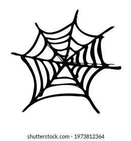 Graphic black and white halloween spider cobweb. Funny, cute illustration for seasonal design, textile, decoration kids playroom or greeting card. Hand drawn prints and doodle.