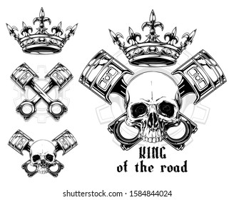 Graphic black and white human skull with crossed car pistons, royal lily king crown and diamonds. Isolated on white background. Vector icon set.