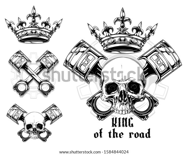 Graphic black and white human skull with crossed car\
pistons, royal lily king crown and diamonds. Isolated on white\
background. Vector icon\
set.