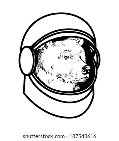 Graphic black and white illustration of a bear astronaut in a spacesuit