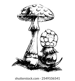 Ilustração gráfica em preto e branco em formato vetorial. Cogumelo Amanita. Estilo vintage