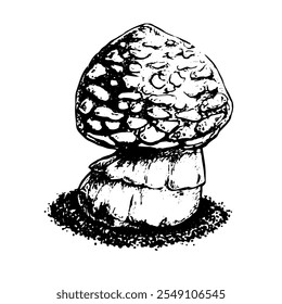 Ilustração gráfica em preto e branco em formato vetorial. Cogumelo Amanita. Estilo vintage