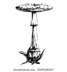 Ilustração gráfica em preto e branco em formato vetorial. Cogumelo Amanita. Estilo vintage