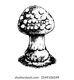 Ilustração gráfica em preto e branco em formato vetorial. Cogumelo Amanita. Estilo vintage