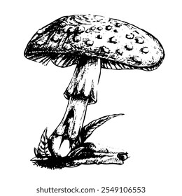 Ilustração gráfica em preto e branco em formato vetorial. Cogumelo Amanita. Estilo vintage