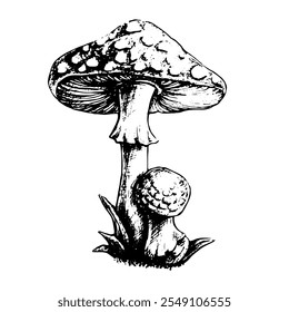 Ilustração gráfica em preto e branco em formato vetorial. Cogumelo Amanita. Estilo vintage