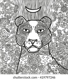 Graphic black and white jaguar tiger cat with moon star and plant and tree and leaf on floral flower background