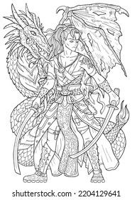 Graphic black and white line art illustration with fantasy asian dragon and warrior character boy, hero man or prince, isolated on white, coloring page for adults, manga cartoon style