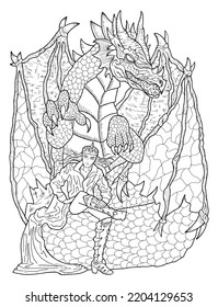 Graphic black and white line art illustration with fantasy asian dragon and warrior character boy, hero man or prince, isolated on white, coloring page for adults, manga cartoon style