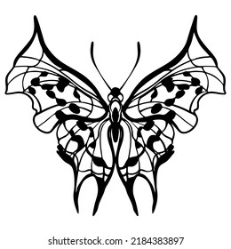 Dibujo lineal gráfico en blanco y negro de una mariposa. Ilustración aislada en forma de silueta de polilla voladora. Cortar y crear una máscara.