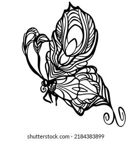 Graphic black and white linear drawing of a butterfly. Isolated illustration in the form of a silhouette of a flying moth. To cut and create a mask.