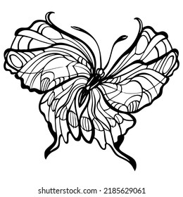 Dibujo lineal gráfico en blanco y negro de una mariposa. Ilustración aislada en forma de silueta de polilla voladora. Cortar y crear una máscara.