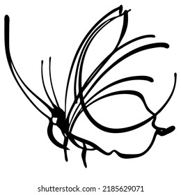 Graphic black and white linear drawing of a butterfly. Isolated illustration in the form of a silhouette of a flying moth. To cut and create a mask.
