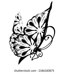 Graphic black and white linear drawing of a butterfly. Isolated illustration in the form of a silhouette of a flying moth. To cut and create a mask.