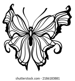 Graphic black and white linear drawing of a butterfly. Isolated illustration in the form of a silhouette of a flying moth. To cut and create a mask.
