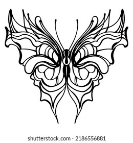 Graphic black and white linear drawing of a butterfly. Isolated illustration in the form of a silhouette of a flying moth. To cut and create a mask.