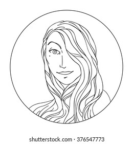 Graphic black and white linear stylish young girl face and tender hair and wave hairstyle