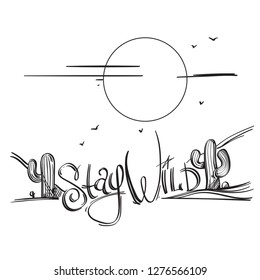 Graphic black and white logo wild west landscape. The inscription between the cacti. Vector image.