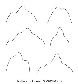 Graphic black and white marker drawing of a set of icons for the contour of mountains, vector, doodle. Decorative abstract element for decoration, decoration, design. A collection of mountain peaks