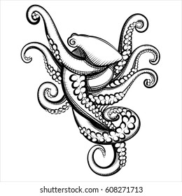 The graphic black and white octopus drawing tattoo.Vector illustration.