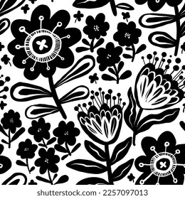 Graphic black and white pattern with big bold flowers, seamless vector