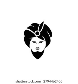 Graphic black and white portrait of a wise Eastern man with a turban and beard, perfect for logos and cultural designs.
