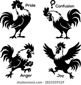 Graphic black and white rooster illustrations depicting various emotions pride, confusion, anger, and joy. Vector art for symbolic concepts and emotional expression.