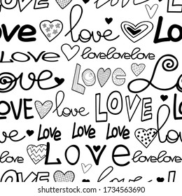 Patrón gráfico negro y blanco sin fisuras con la palabra amor y corazones abstractos
