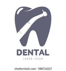 Graphic, black and white tooth, dental care logo template with drill silhouette over tooth shape, vector illustration isolated on white background.