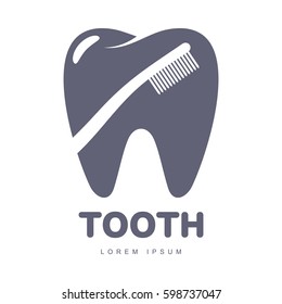 Graphic, black and white tooth, dental care logo template with toothbrush silhouette over tooth shape, vector illustration isolated on white background. Tooth, dental care logotype, logo design