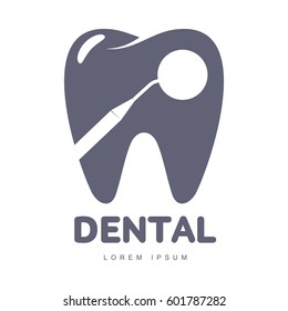 Graphic, black and white tooth, dental care logo template with mirror silhouette over tooth shape, vector illustration isolated on white background. 