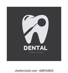 Graphic, black and white tooth, dental care logo template with mirror silhouette over tooth shape, vector illustration isolated on black background. Stylized tooth, dental care logotype, logo design