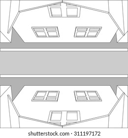 Graphic black and white top view houses on the street and the road. Vector Illustrator