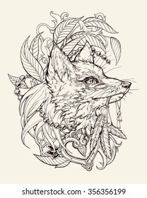 Graphic black and white vector fox. Illustration for print of t-shirts, mugs, pens, logos and other things. Vintage hand drawn line art illustration