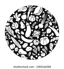 Graphic black white vegetable print. Silhouettes of vegetables and fruits. Tasty food. Vector illustration.