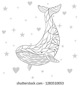 Graphic black and white whale. Against the background of hearts and stars. Vector illustration. Coloring, cover, tattoo.