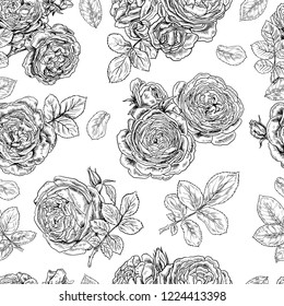 Graphic blac&white vintage seamless background with realistic roses and leaves. 