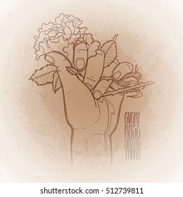 Graphic bleeding hand grasping wild rose. Vector card isolated on vintage background in ocher colors.