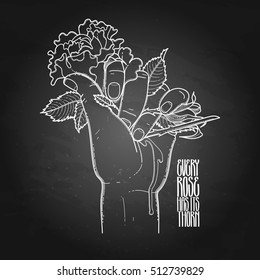 Graphic bleeding hand grasping wild rose. Vector card isolated on the chalkboard.