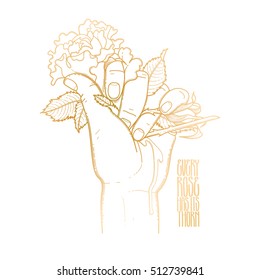 Graphic bleeding hand grasping wild rose. Vector card isolated on white background in golden colors.