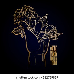 Graphic bleeding hand grasping wild rose. Vector card isolated on black background in golden colors.