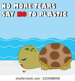 Graphic of bleeding sea turtle suffering with a plastic straw sticking in its nose, unhappy animal with plastic pollution